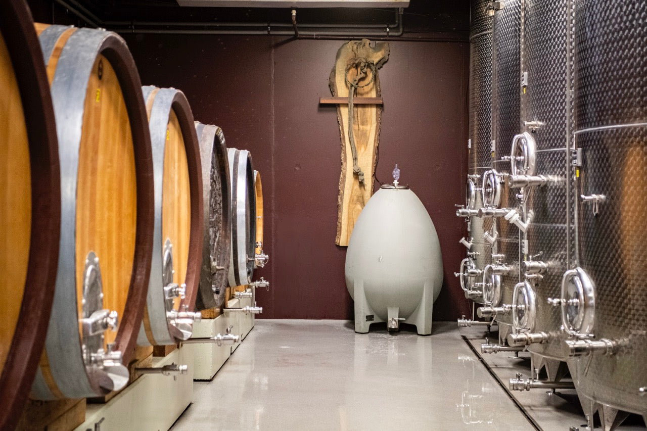 Weinkeller mit Fässern und Betonei